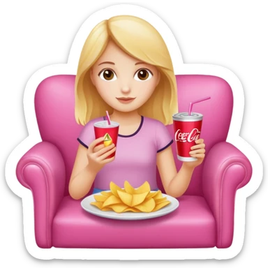 home white girl with plate of chips and soda drink, sitting at the pink sofa sticker