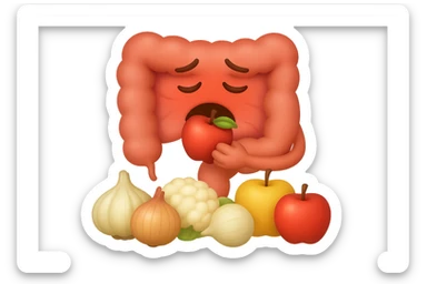 EMOJI STILE IPHONE DI UN INTESTINO UMANO IN CRISI PERCHé STA MALE, IN BOCCA HA UNA MELA E DAVANTI A LUI C'è UNA MONTAGNA DI aglio, cipolle, cavolfiore e mele sticker