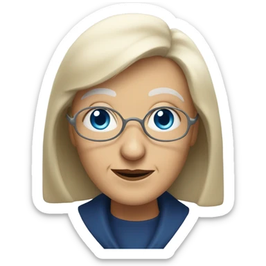 Aged crone woman, shoulder length blonde hair with bangs, blue eyes with wisdom sticker