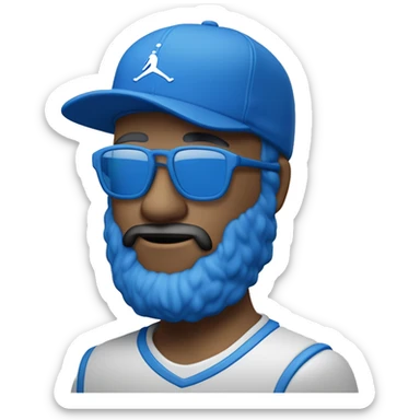 Homme de couleur blanc avec une petite barbe naissante portant des lunettes bleues , une casquette jordan bleu , un survêtement bleu sticker