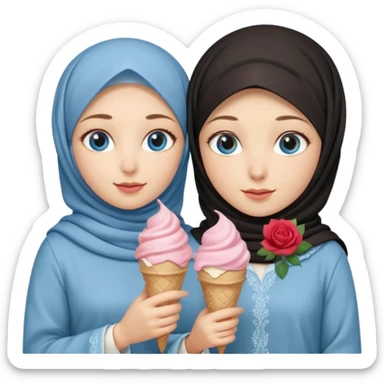 Turkish beautiful finish Konya two girls blue eyes with beige hijab islamic dress and had on her hand Rose ice cream sticker