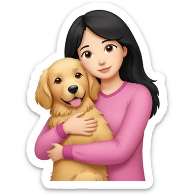 A black-haired, fair-skinned woman in a pink shirt hugs a big golden retriever. sticker