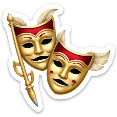 Create a bold and dramatic emoji representing the art of playwriting. The design should feature an open script or a theater playbook, with stylized text lines or dramatic dialogue inside. Include elements like a theatrical comedy and tragedy masks, a stage spotlight, or a writting quill to symbolize creativity and performance. Use deep, contrasting colors like red, black, and gold to evoke the intensity and passion of drama. The overall design should feel dramatic, inspiring, and artistic. Make the background transparent. sticker