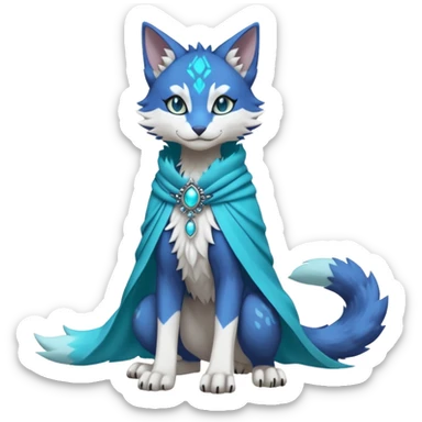 Kawaii cute Indigo Turquoise Grey beautiful pretty elegant divine edgy feline-vernid-sergal-Fakémon-Pokémon-Digimon-fursona-animal-creature, full body, with intricate detailed markings, silken shawl, decorative anklets sticker