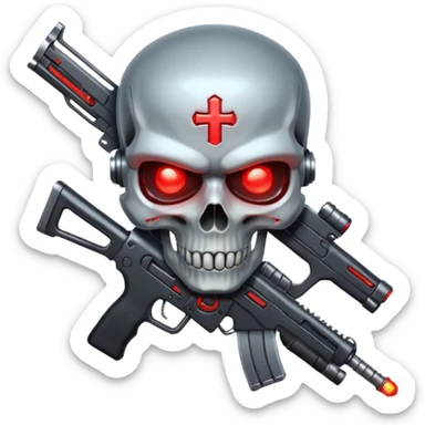 Sci-fi shield badge, terminator style skull, glowing red eyes, crossed futuristic assault rifle and energy sword, no background sticker