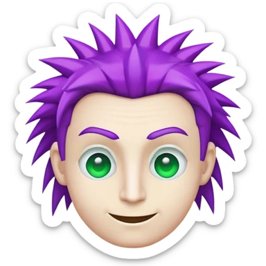 Emoji of a face with white skin, it has one cyan eye, and one green eye, it also has a purple spiky mullet haircut, it is shaped like a :3 face and has no nose, and no ears, it is a simple head/smiley emoji sticker
