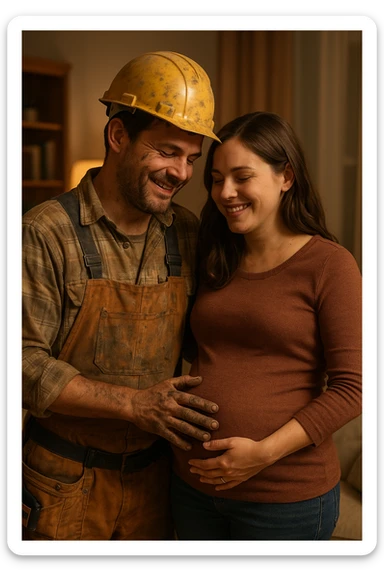 The construction worker and his pregnant wife sharing a quiet moment after the repair, his hands still dirty, her hand on her belly, both smiling, homey background with warm lighting. sticker