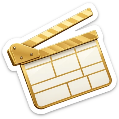 ultra simplified movie clapper with gold and white colors, two simple rectangles with a diagonal line sticker