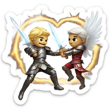 angel vs demon in a lively fight mid flight with swords and armor and lightning sticker