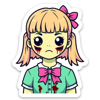zombie girl with bangs, medium light hair and a pink bow sticker