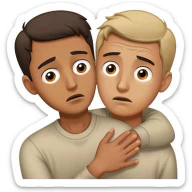 man with anxious worried expression desperately clinging and holding onto someone with fearful abandoned look in his eyes sticker