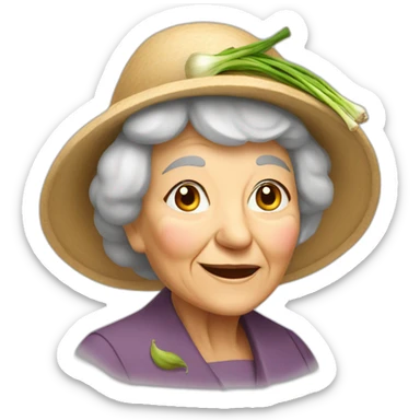 Old lady with garlic as a hat sticker