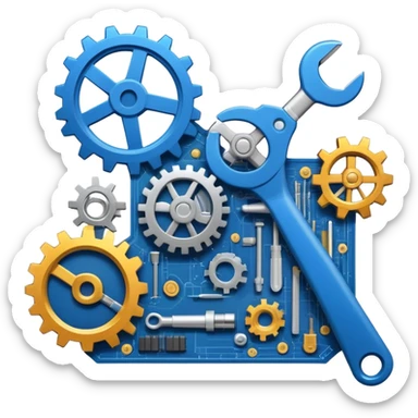 An icon featuring gears, a wrench, and a blueprint, symbolizing engineering. The design includes a mechanical arm, circuit boards, and construction tools, representing innovation, problem-solving, and technological advancement. Transparent background highlights the science of design sticker