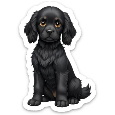 cinematic-[black cocker spaniel dog]-realistic-full-body-sitting-emoji,-tail-resting-loosely-beside-its-paws,-head-tilted-dramatically,-scruffy-[solid black]-fur,-simplified-yet-realistic-focused-features,-highly-detailed,-glowing-with-an-almost-sarcastic-glow sticker