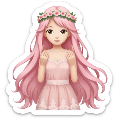 pastel anime woman with pink and white lace dress full body and long hair with flower crown sticker