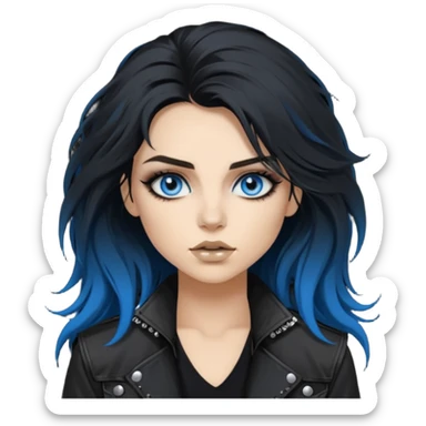 
 rockstar girl with long total black disheveled hair, blue eyes, Smokey eyes rockstar grunge makeup, rocking  sticker