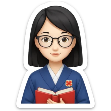 A student, asian girl, long black hair, wearing glasses, japanese uniform, hold book in front of their chest sticker
