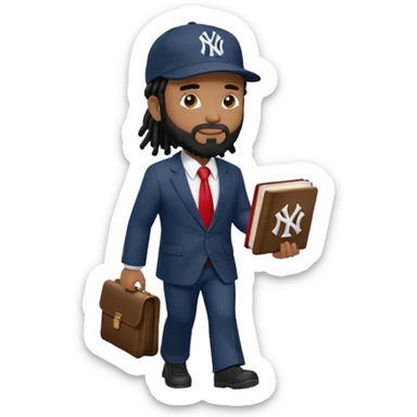 African American man with shoulder length black dreadlocks with black beard wearing a New York Yankees logo baseball cap wearing a suit with red tie walking right holding a Holy Bible sticker