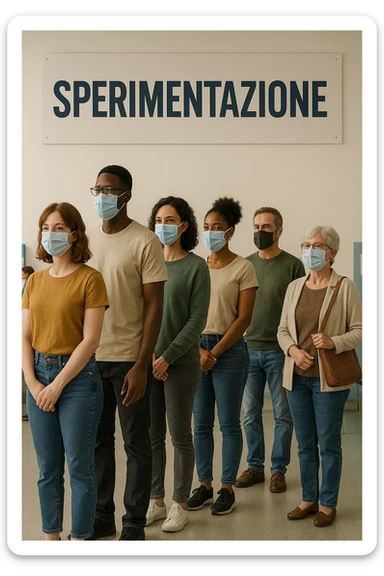 donne e uomini che fanno fila per i vaccini, chiamati "Sperimentazione" sticker
