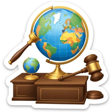 An icon featuring a globe with a gavel and a political map, symbolizing political science. The design includes a ballot box and a podium, representing democracy and governance. Transparent background highlights the study of political systems and global relations. sticker