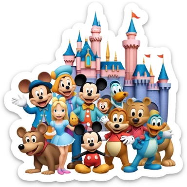 Colorful icon for Animated Movies: A vibrant collage featuring iconic characters like Goofy, Mickey Mouse, Franco, Masha and the Bear and Luntik. Each character should be large and bright, set against a cheerful and playful background of Disneyland. Transparent background. sticker