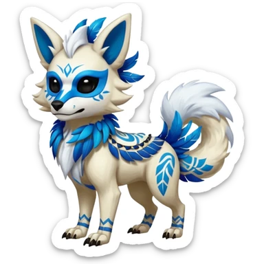 Furry cute colorful exotic tribal feral anime-styled Fakémon-Pokémon-animal-creature with a white wolf-skull-head-mask-face, and blue feathers around neck, with long furry ears, long furry tail, 4 legs, (full body), with intricate pattern-markings sticker