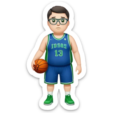 Full Body overweight white male with dark short hair basketball player wearing glasses wearing blue green uniform sticker