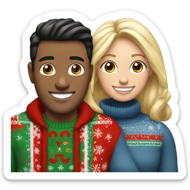 Happy white couple wearing Christmas jumper and blue jeans, man black hair woman blonde long sticker