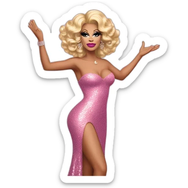 Drag queen Rupaul, curly blonde hair styled swept to the right. Full body, pink sequin dress, posed standing with left hand on hip, right hand raised in the air. Iconic, legendary, victorious sticker
