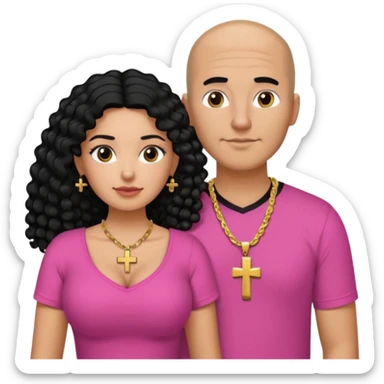 A picture if a couple. the man is a Mexican man with tanned skin, black hair, a bald hair cut, short boxed beard, and wearing a black shirt. the woman is mixed with black and white, with curly long hair, a gold cross necklace, wearing a pink shirt and with big boobs sticker