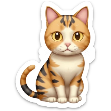 full body calico tabby cat with skinny head and fat body with an anxious face sticker