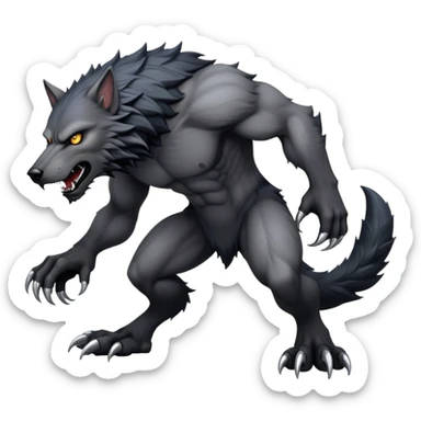 cinematic-noble-fierce-werewolf-full body on all fours-emoji, poised-and-imposing, with a tall, lean, and muscular wolfish frame inspired by the brutal, imposing shape of the beast from Berserk, fur rippling in shades of midnight black and silver, massive paws with razor-sharp claws, elongated limbs and fangs, eyes glowing with an intense, primal ferocity, reflecting the untamed power of the wild moonlit night; rendered with realism like a wolf hunched over battle ready pose ready to attack sticker
