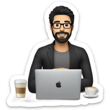 Designer with black hair, beard and glasses working with MacBook and drinking cappuccino  sticker