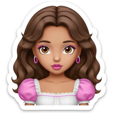 generate a pretty bratz girl with dark brown eyes in a white puff sleeve top. Pink lipgloss. Brown wavy hair long.  sticker