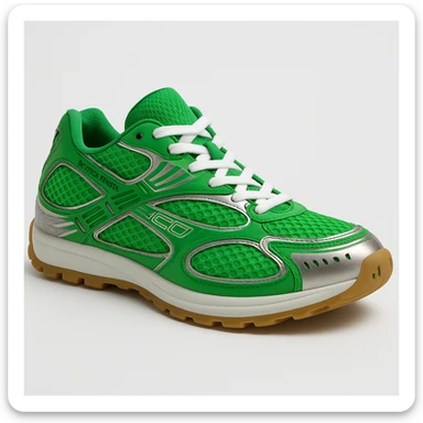 Recreate the Bottega Veneta Orbit sneaker in signature Bottega green, exact design, shown in a 3D turned perspective (not flat 2D), similar to the reference image, realistic, clean background. The style should be realistic and 3D as in the reference images. sticker