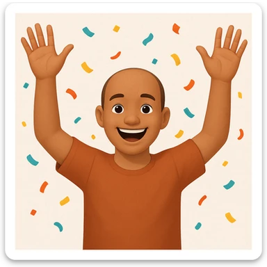 Edit the image of a happy tall Indian person with arms raised in victory, big smile, and confetti. Remove the mustache, give a receding hairline, and dress the person in simple, normal clothes. The original style is emoji style, but use a general style for editing while preserving the emoji look and feel. sticker
