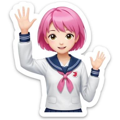 Anime girl with short bright pink hair wearing Japanese sailor style school uniform, composed posture with hand on hip but energetically waving with other hand, excited smile and happy eyes sticker