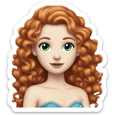  Red long hair curly girl, pale skin, white foundation, purple eyeshadow, with green eyes and a blue bedazzled dress with a small tiara on her head, with mascara on her eyes blue dress pale skin sticker