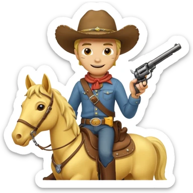 Cowboy riding a horse with revolver. Cowboy With yellow skin and smilling. Simplize it and I need a full pic with horse. Like I need the leg part too sticker