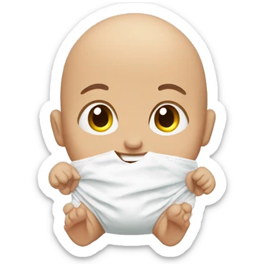 smiling bald man indoors in baby form wearing diaper sticker