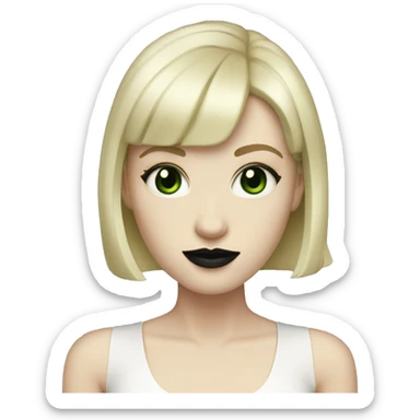 Pale skin, short light blonde hair (almost white) with short bangs, no eyebrows, dark green eyes, black lipstick,  sticker