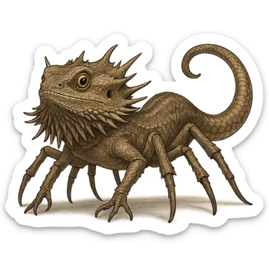 a mythical animal that merges a bearded dragon's spiky beard, a snake's tail, and a spider's eight legs, designed as a single cohesive being, fantasy creature, detailed sticker