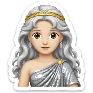 Diana from Roman Deities with long silver wavy hair, silver sequin toga sticker