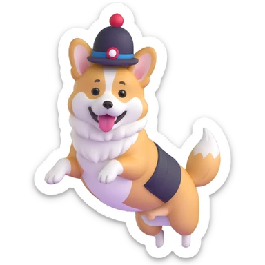 corgi dog jumping with a cute hat sticker