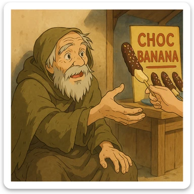 ghibli style illustration of a beggar reaching for a chocobanana, warm and expressive sticker