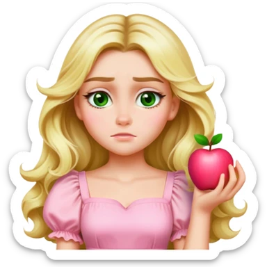 Create an emoji-style illustration of a blonde girl with long wavy hair, green eyes, and a pink pastel puff-sleeve dress, matching the Apple emoji style of the reference image. Keep her facial features, hairstyle, and outfit identical. Generate a joyful expression. sticker