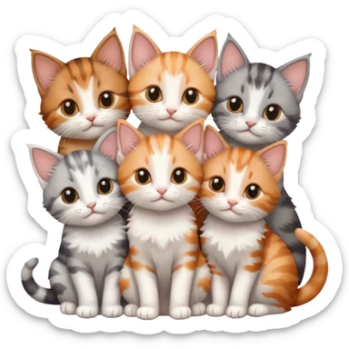 6 tiny kittens cuddling together all various different natural colours including grey and white, ginger and white, calico, grey, and brown tabby and white sticker