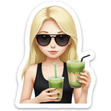 Blonde girl with pale skin and long hair with black sunglasses in black tank top and iced matcha latte sticker