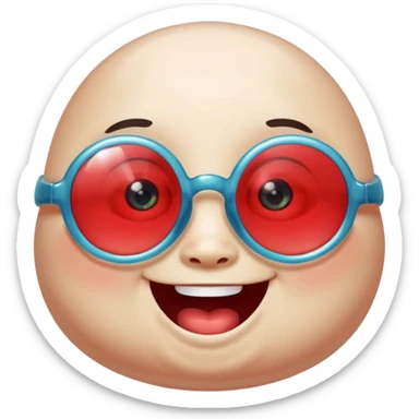 A single chubby crystal gemstone character wearing cute round glasses, chunky and irregular with faceted sides, [red], big glossy eyes behind the glasses and a wide happy smile, , high detail, soft lighting, centered on a plain dark background sticker