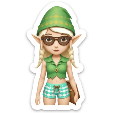 elf female legolas portrait, patterned board shorts (geometric/abstract), unique wooden-framed sunglasses, undercut hairstyle, slight smirk, visible pointy ears, no background, centered emoji, hipster summer vibe coctails with summer hat sticker